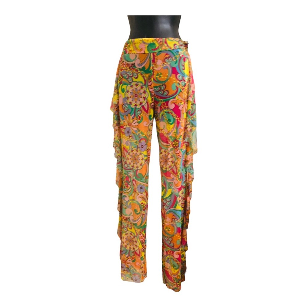 Retro groovy multicolor banded waist ruffle sides sheer beach coverup pants sz M